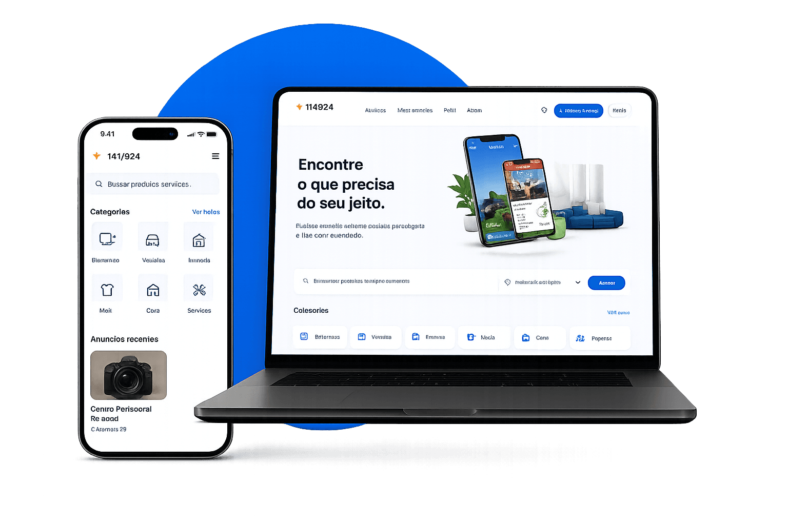 Prévia do marketplace Tako24 em telefone e notebook